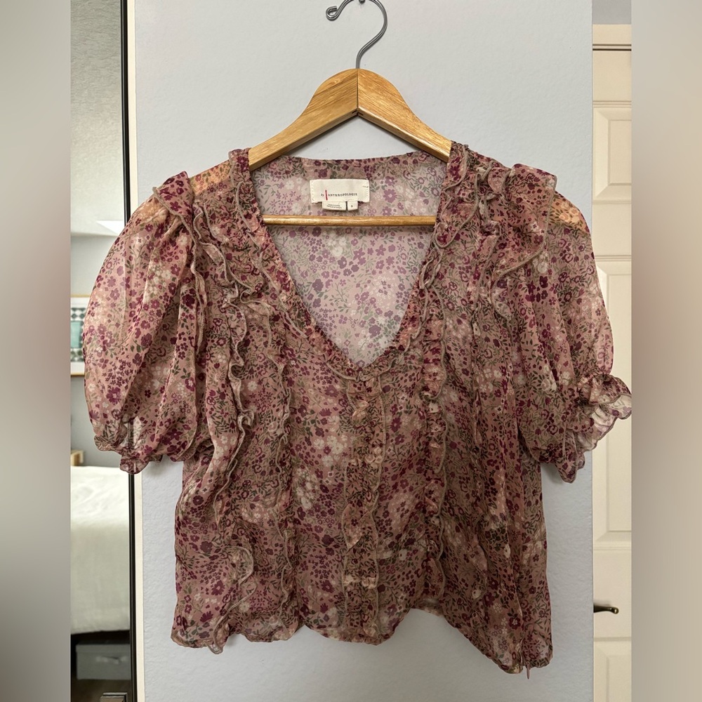 Anthropologie Pink Floral Ruffle Blouse